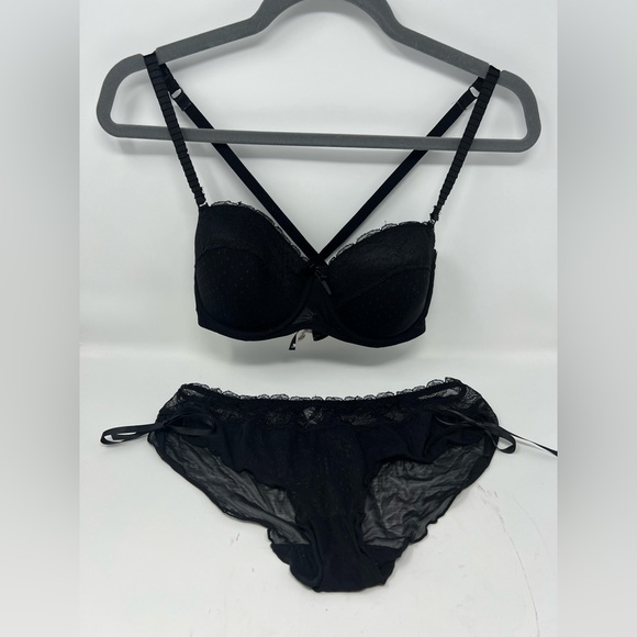 Adore Me Black Lace Polka Dot Bow Adjustable Straps Bra 36C - Picture 8 of 13